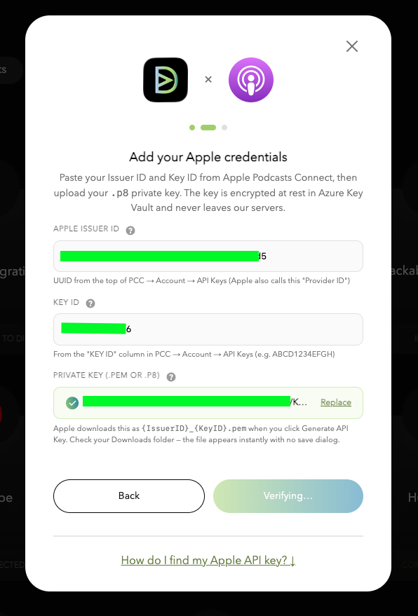 AppleDialog Credentials step with all three fields populated (Provider ID, Key ID, and .pem file loaded) and the Verify and Connect button showing the Verifying state.