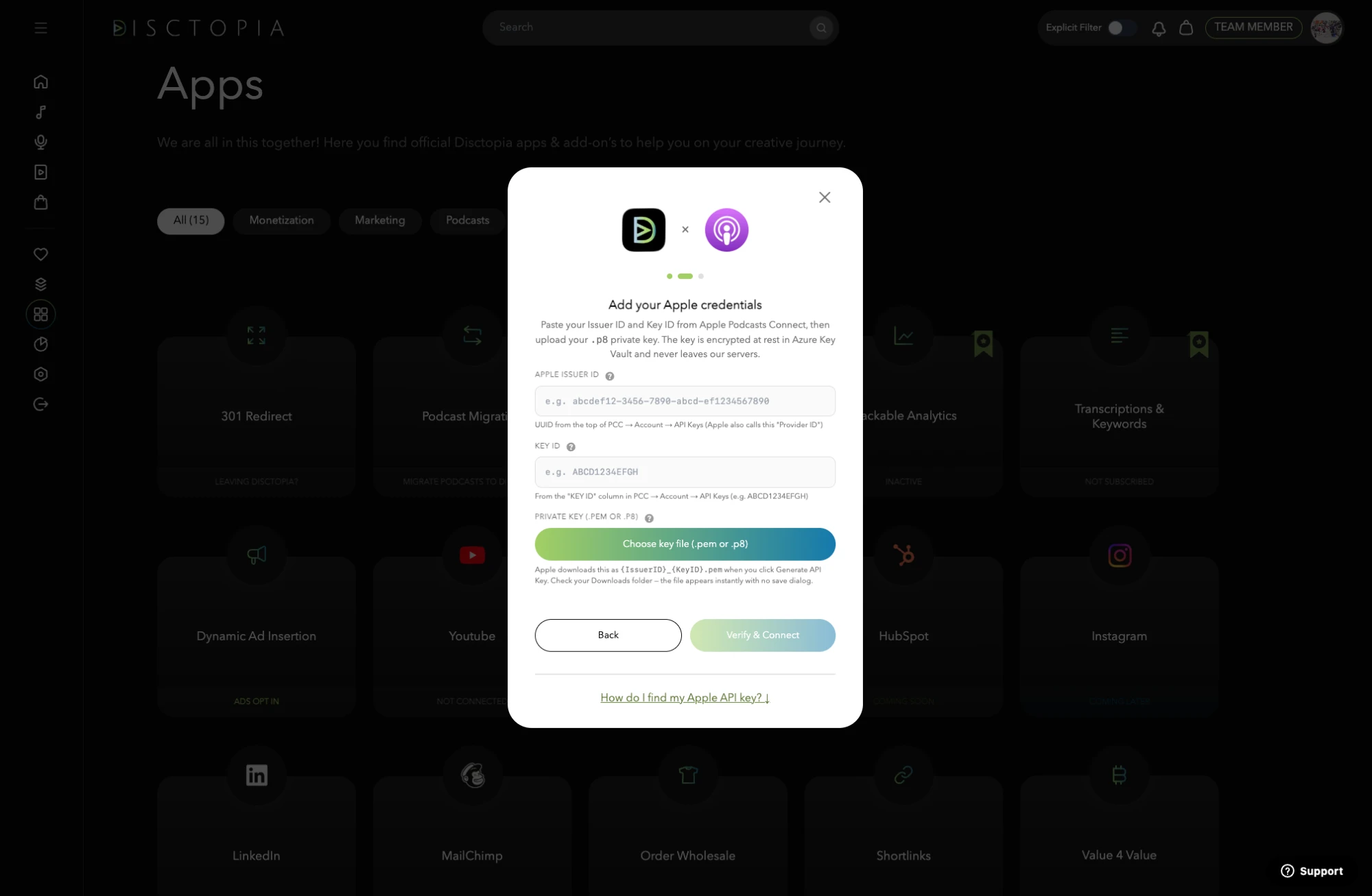 AppleDialog Credentials step with empty Apple Provider ID, Key ID, and .p8 private key fields, plus the Verify and Connect button.