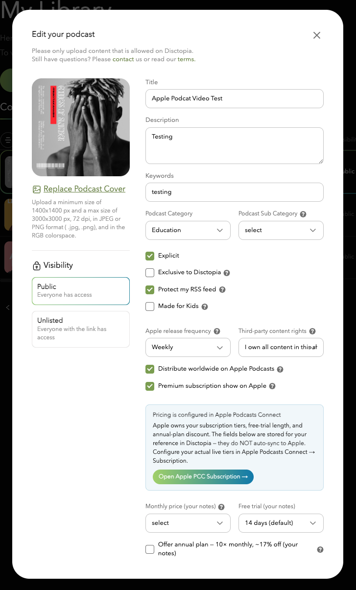 Edit your podcast dialog on Disctopia, scrolled to the Apple pricing block. Shows a callout explaining that Apple owns the subscription tiers, free-trial length, and annual-plan discount, and an Open Apple PCC Subscription button. Below the callout are Monthly price and Free trial dropdowns and an Offer annual plan checkbox marked as your notes.