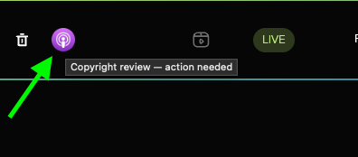 Disctopia My Library row showing the Apple platform icon in purple, with a tooltip reading 'Copyright review — action needed' and a green arrow pointing to the icon.
